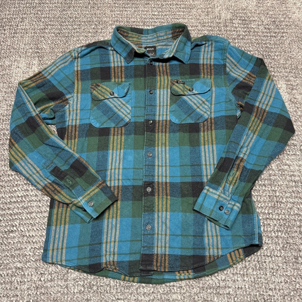 RVCA Mens Flannel Button Up Shirt Size M Teal Green Brown Plaid Long Sleeve